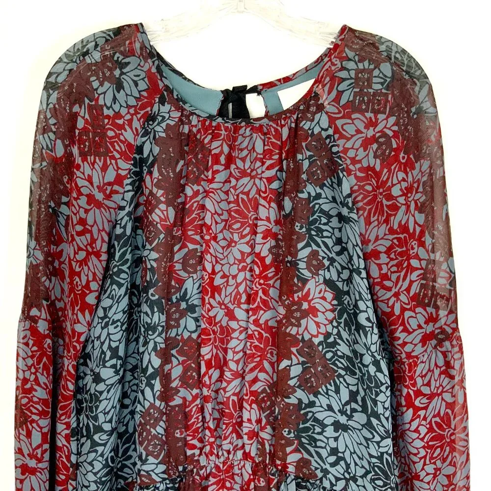 New Cinq a Sept Silk Chiffon Floral Tie Back Peplum Blouse Red Black Sz XS - Picture 4 of 16